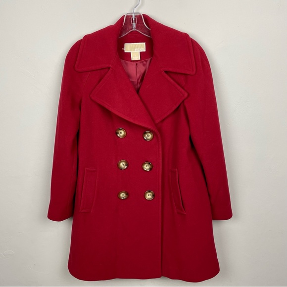 Michael Kors Red Double Breasted Lambwool Pea Coat With Front Pockets Size 4P - Picture 7 of 11